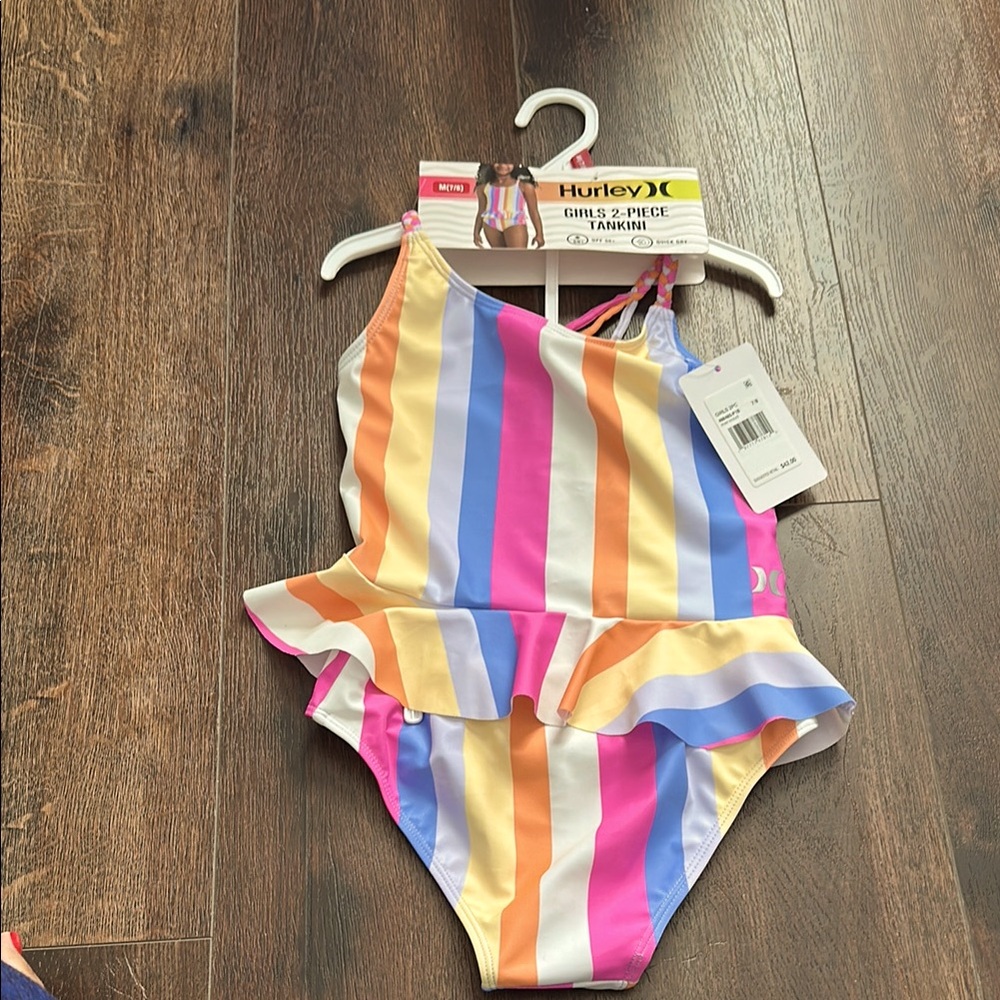 NWT Hurley Pink and Orange two Piece Swimsuit Vibrant Stripes Size 7/8.